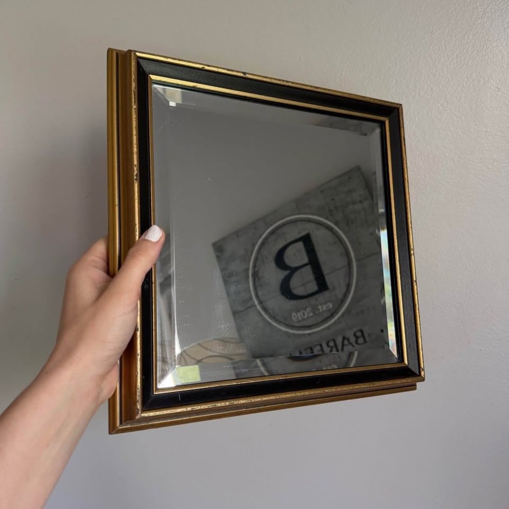 Vintage Square Beveled Wall Mirror Gold and Black Tiered Frame 12.5 Inch